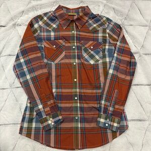Wrangler Shirt Men's M orange Plaid Pearl Snap Button Long Sleeve Cowboy Cotton